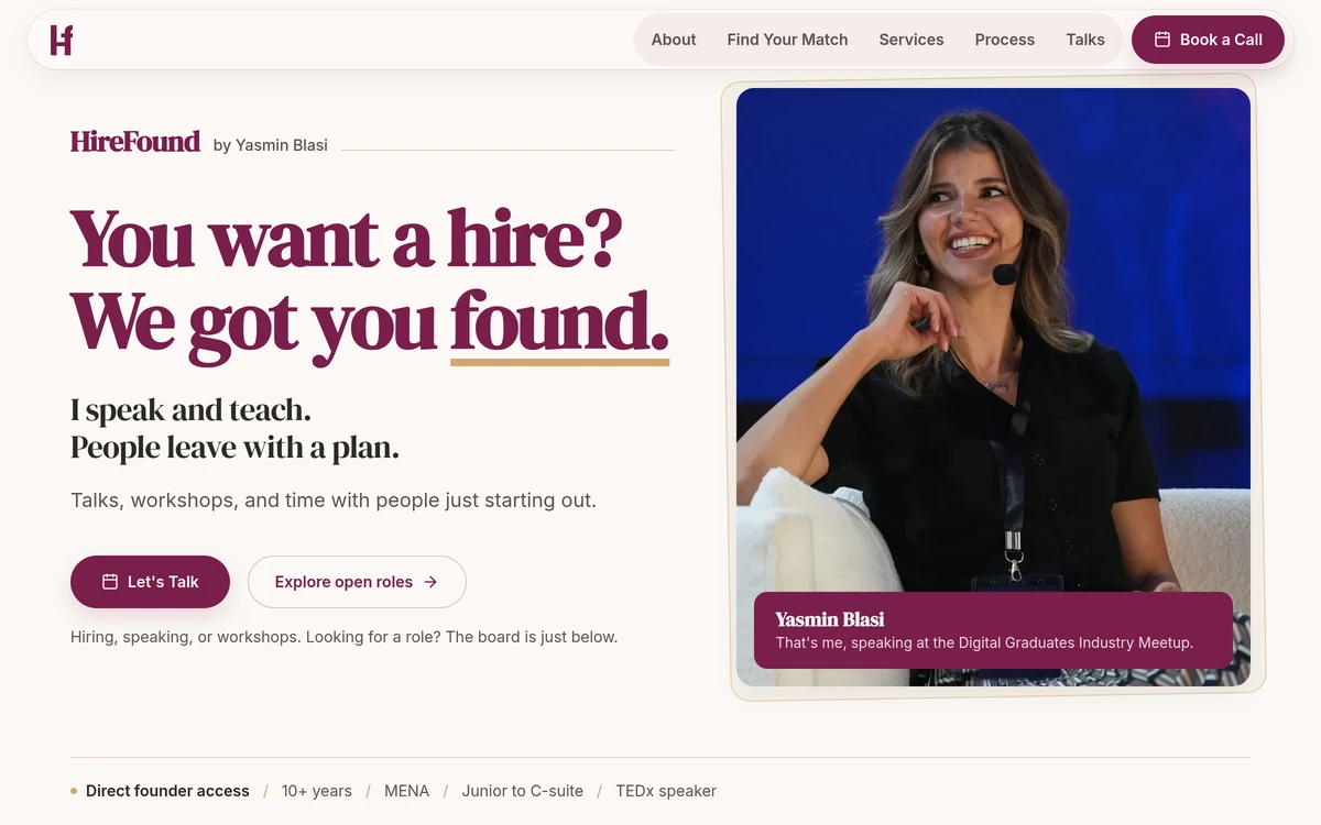 HireFound homepage preview: 'You want a hire? We got you found' hero with employer and candidate paths and WhatsApp-first contact